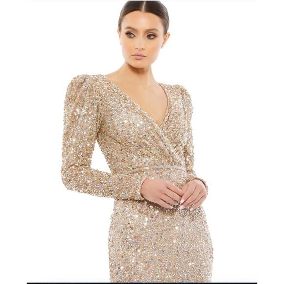 Mac Duggal Sequin Wrap Over Puff Surplice Gown Shimmering Size 12 NWT - Picture 2 of 11